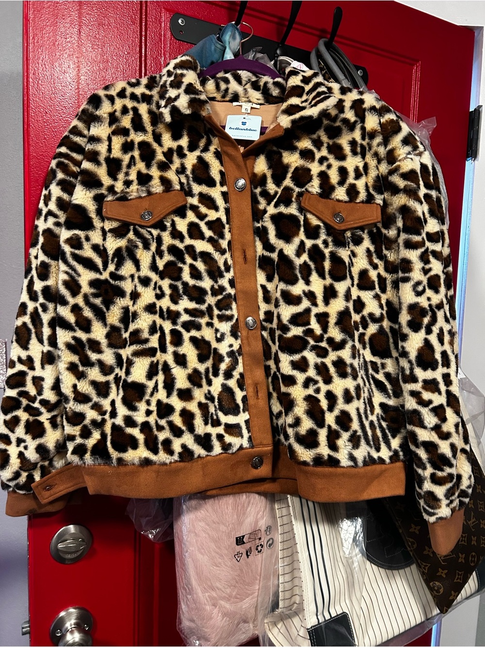Pol woman’s Leopard Faux Fur Jacket in Brown and Cream